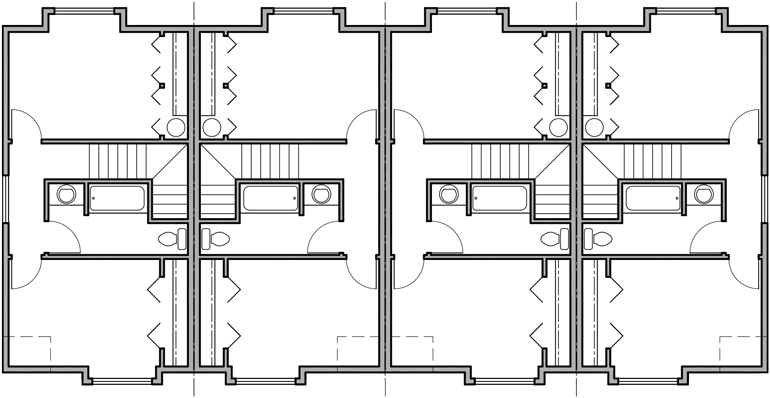 Upper Floor Plan 2 for 4 plex  plans, 2 story townhouse, 2 bedroom 4 plex plans, 16 ft wide house plans, F-536