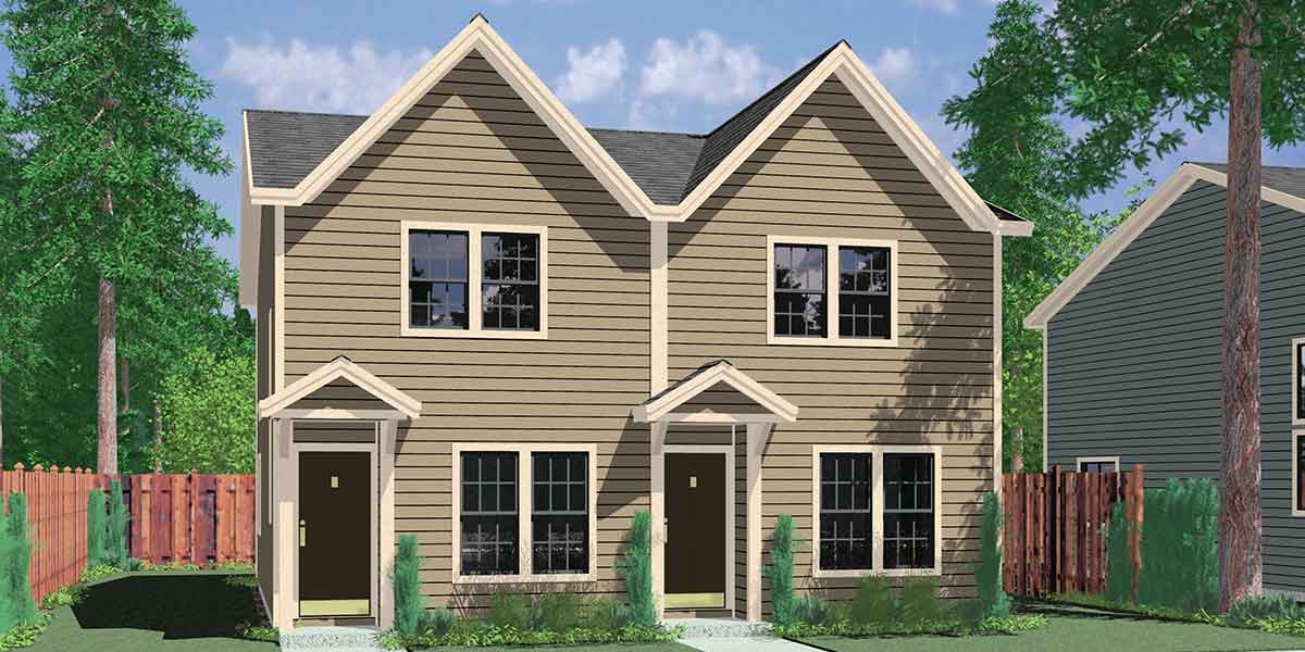 House front color elevation view for D-341 Duplex house plans, small duplex house plans, narrow  duplex house plans, affordable duplex floor plans, D-341