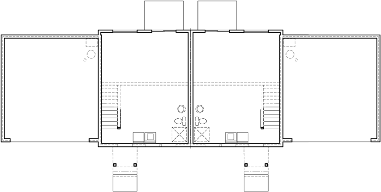 Lower Floor Plan 2 for Duplex house plans with basement, 2 bedroom duplex plans, sloping lot duplex plans, duplex plans with 2 car garage, D-435