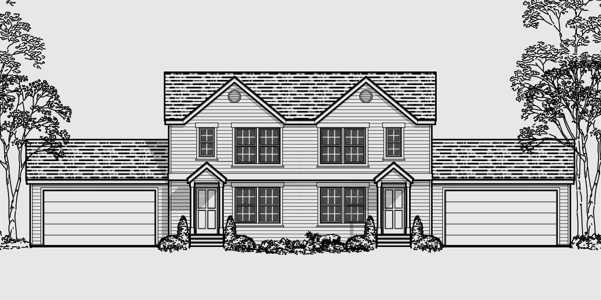 House front color elevation view for D-435 Duplex house plans with basement, 2 bedroom duplex plans, sloping lot duplex plans, duplex plans with 2 car garage, D-435