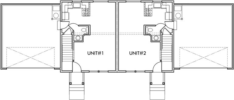 Main Floor Plan 2 for D-435 Duplex house plans with basement, 2 bedroom duplex plans, sloping lot duplex plans, duplex plans with 2 car garage, D-435