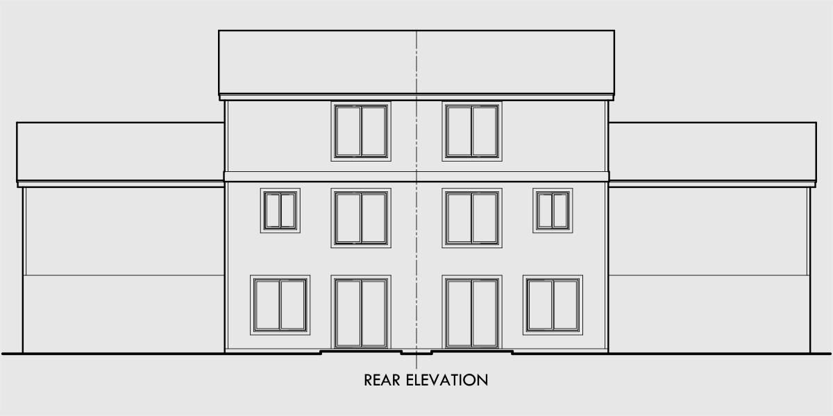 House front drawing elevation view for D-435 Duplex house plans with basement, 2 bedroom duplex plans, sloping lot duplex plans, duplex plans with 2 car garage, D-435