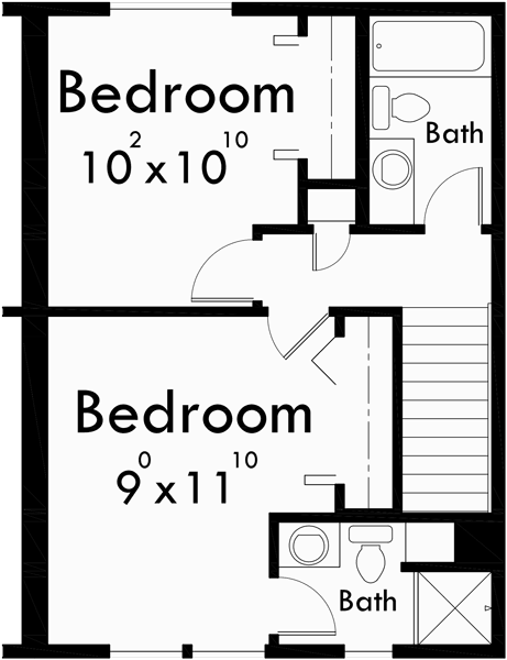 Upper Floor Plan for D-435 Duplex house plans with basement, 2 bedroom duplex plans, sloping lot duplex plans, duplex plans with 2 car garage, D-435