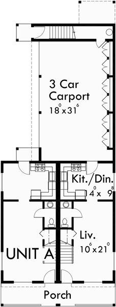 Main Floor Plan for T-390 Triplex house plans, triplex house plans with carports, T-390