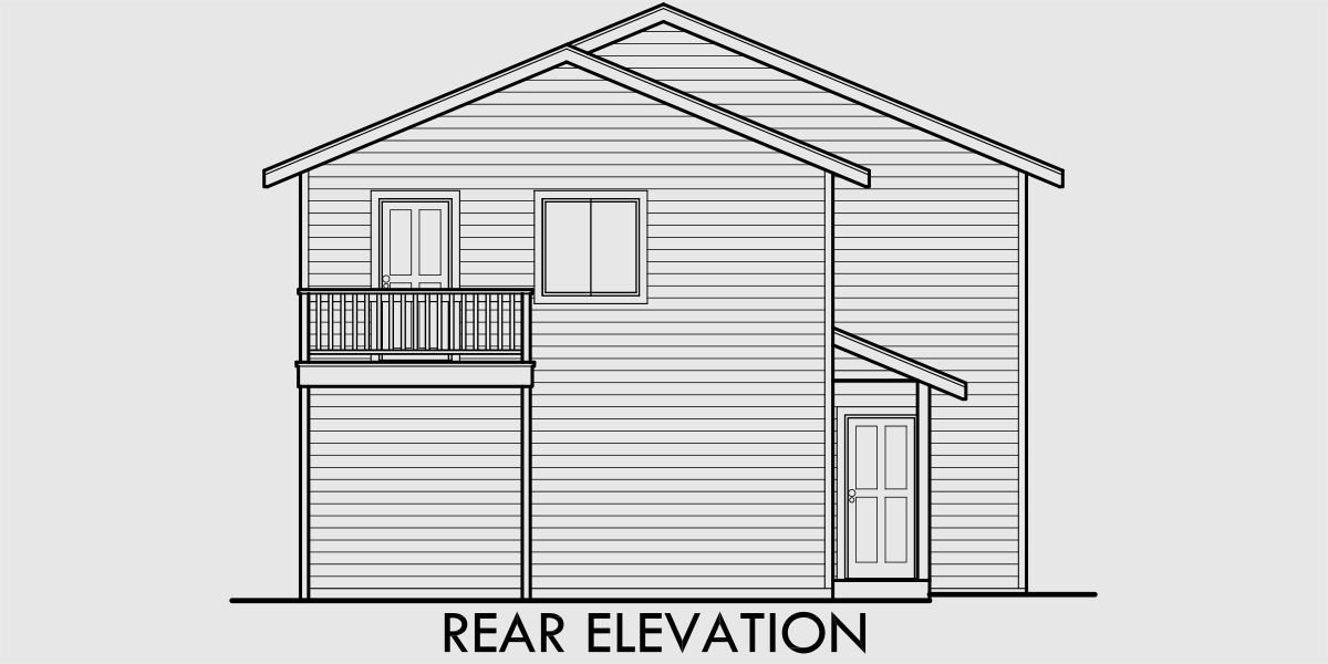 House rear elevation view for T-390 Triplex house plans, triplex house plans with carports, T-390