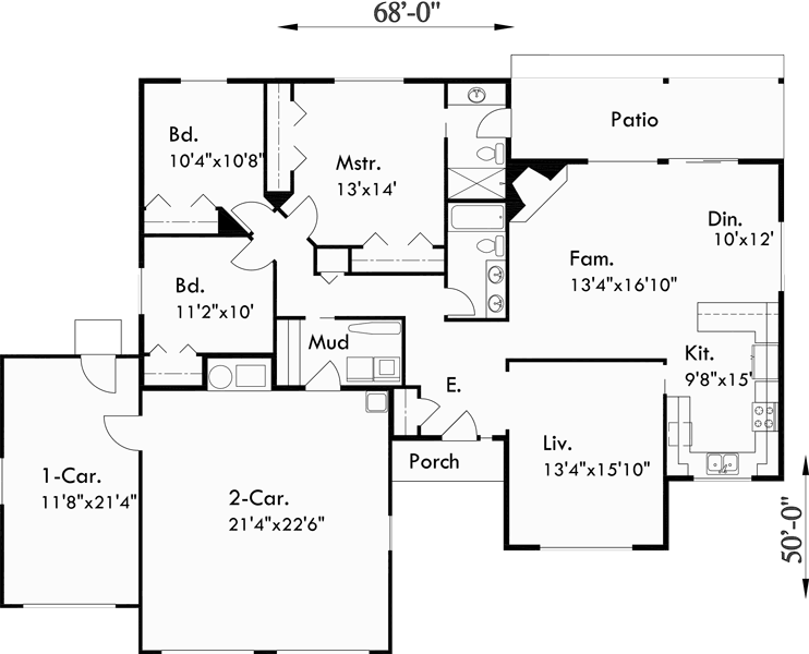 Main Floor Plan for 10003 One story house plans, 3 car garage house plans, 3 bedroom house plans, 10003