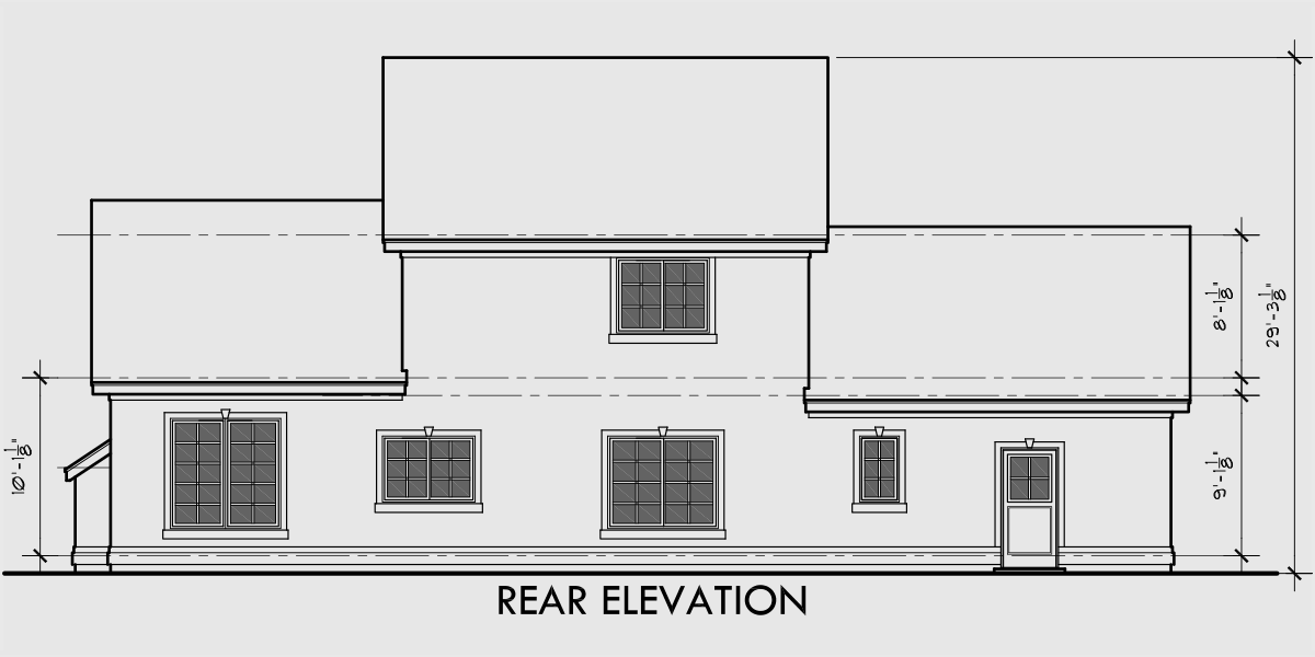 House rear elevation view for 10019 two story house plans, 3 bedroom house plans, master on the main floor plans, side entry garage house plans, corner lot house plans, 10019b