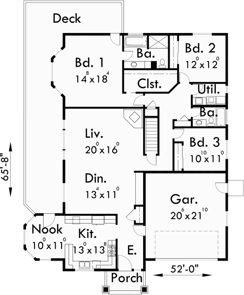 Main Floor Plan for 10018 Side Sloping Lot House Plans, walkout basement house plans, 10018