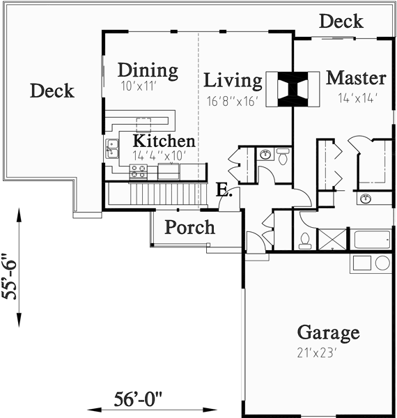Main Floor Plan for 9991 House plans with side garage, sloping lot house plans, house plans with basement, master on the main floor plans,