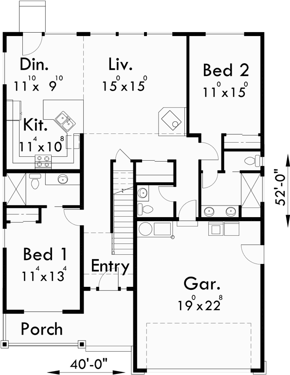 Main Floor Plan for 10075 40 ft wide Narrow lot house plan w/ Master on the main floor.