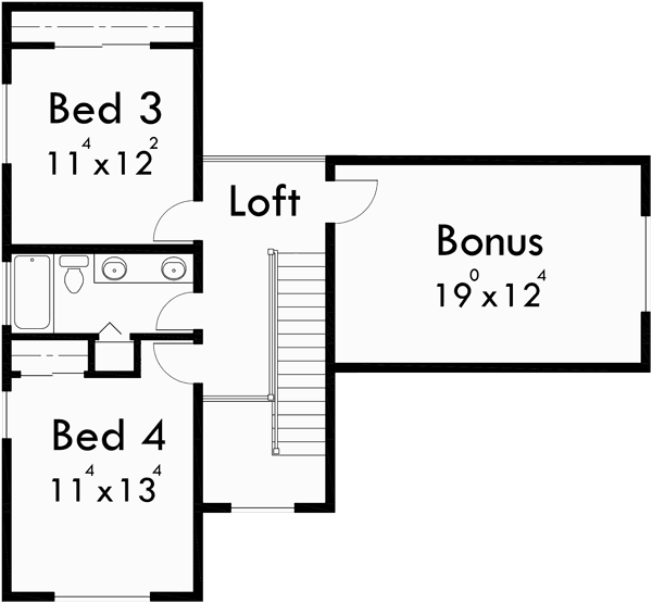 Upper Floor Plan for 10075 40 ft wide Narrow lot house plan w/ Master on the main floor.