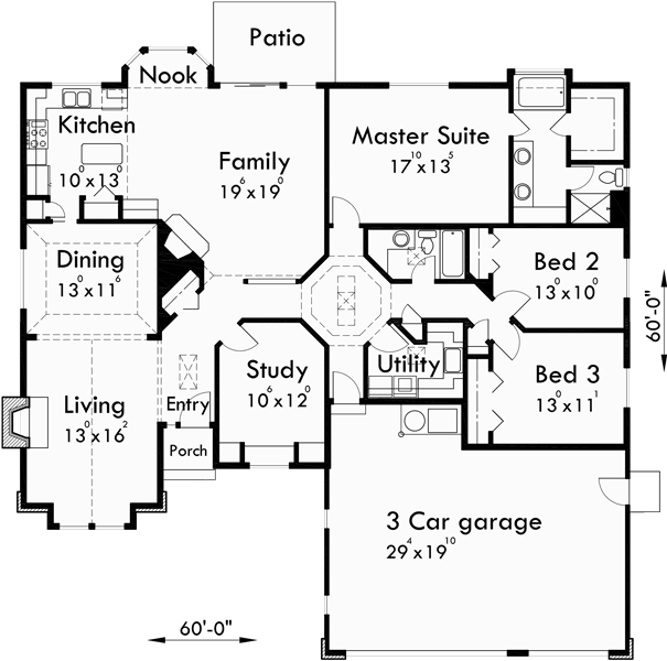 Main Floor Plan for 10024 Single level house plans, empty nester house plans, house plans with 3 car garage, 10024