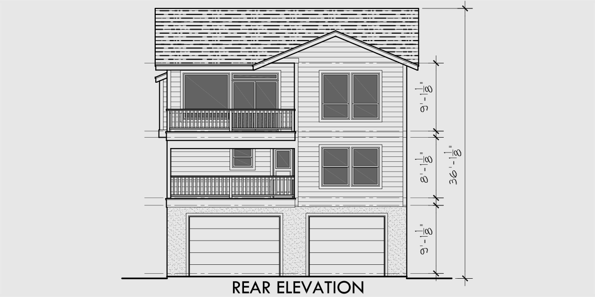 House front drawing elevation view for 10041 Amazing View House Plan, Main Floor Bedrooms, Upper Floor Living, Rear Entry Garage