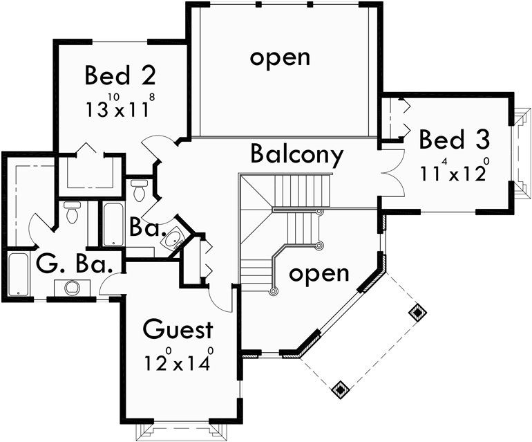 Upper Floor Plan for 10029 Grand Entrance Corner Lot House Plan, Master on the Main Floor 