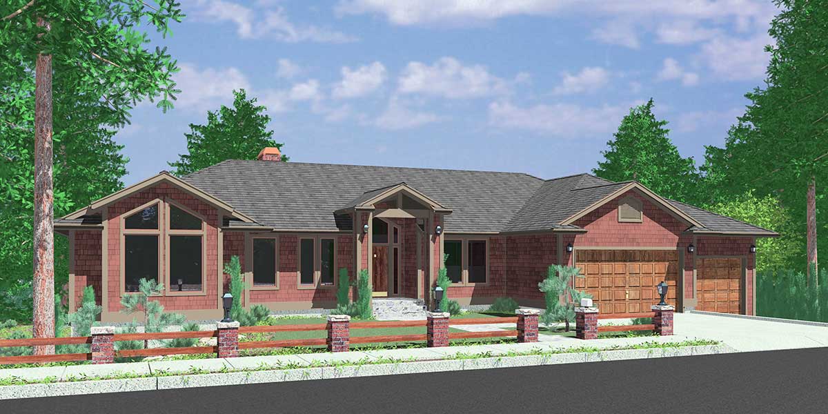 10072 Custom Ranch house plan w/ daylight Basement and RV Garage