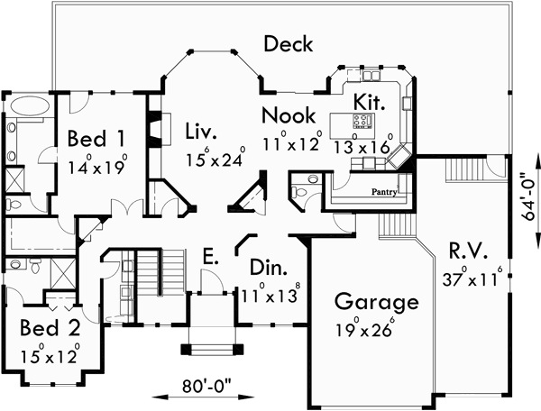 Main Floor Plan for 10072 Custom Ranch house plan w/ daylight Basement and RV Garage
