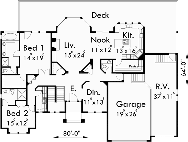 Custom Ranch House Plan W Daylight Basement And Rv Garage