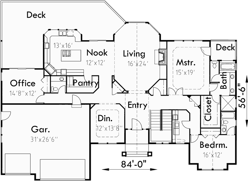 Main Floor Plan for 9996 Ranch house plans, main floor master house plans, house plans with daylight basement, house plans with 3 car garage, 9996