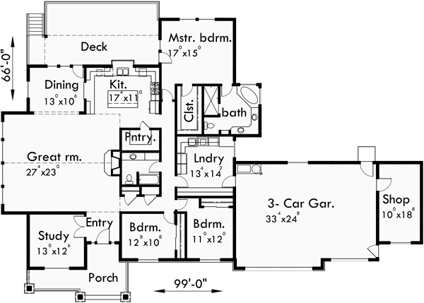 Main Floor Plan for 10086 Large Ranch House Plan featuring Gable Roofs