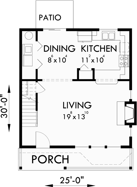 Main Floor Plan for 10101 Victorian Narrow Lot House Plan features front Bay Window