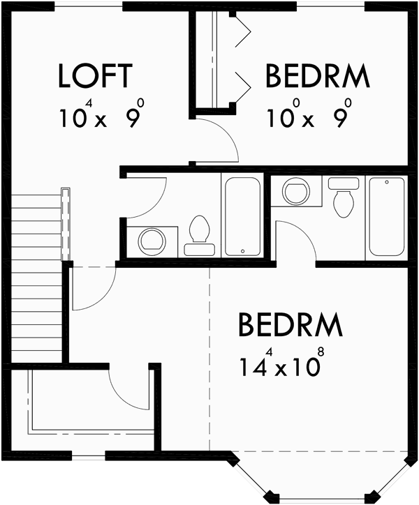 Upper Floor Plan for 10101 Victorian Narrow Lot House Plan features front Bay Window