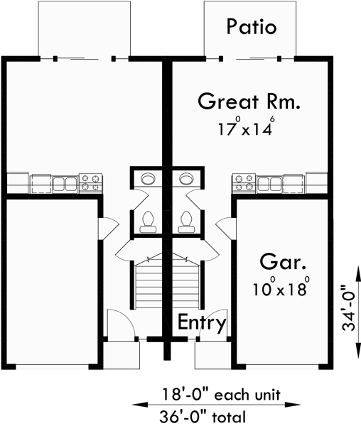 Main Floor Plan for D-370 Two story duplex house plans, 2 bedroom duplex house plans, townhouse plans, small duplex house plans, D-370