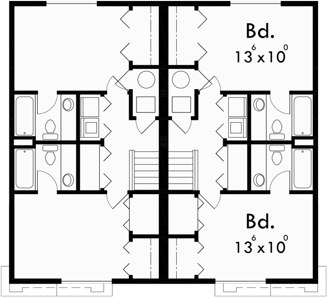 Upper Floor Plan for D-370 Two story duplex house plans, 2 bedroom duplex house plans, townhouse plans, small duplex house plans, D-370
