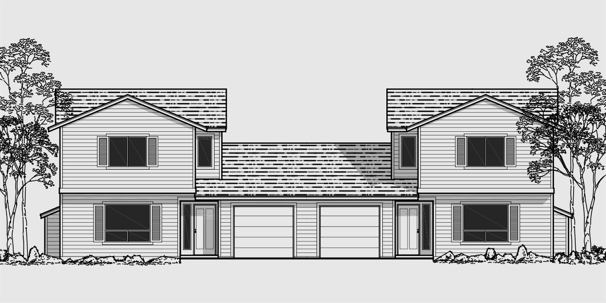 House front color elevation view for D-412 Duplex house plans, 2 story duplex plans, 2 bedroom duplex plans, duplex plans with garage, D-412