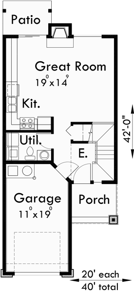 Main Floor Plan for D325 Two story duplex house plans, 2 bedroom duplex house plans, duplex house plans with garage, house plans with two master suites, D-325