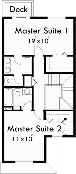 Upper Floor Plan for D325 Two story duplex house plans, 2 bedroom duplex house plans, duplex house plans with garage, house plans with two master suites, D-325