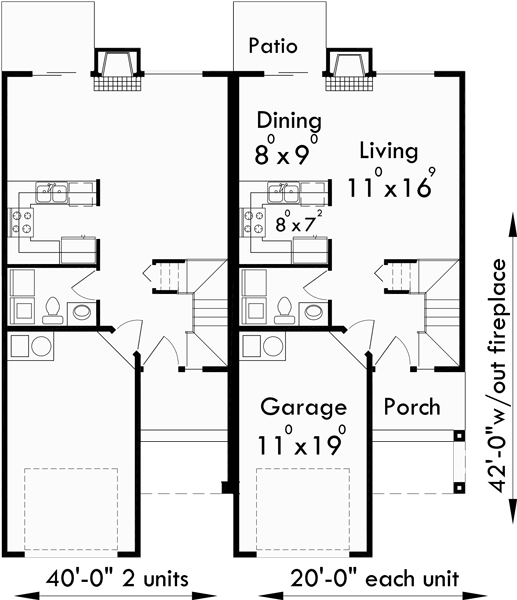 Main Floor Plan for D-361 3 bedroom duplex house plans, 2 story duplex plans, duplex plans with garage, row house plans, D-361
