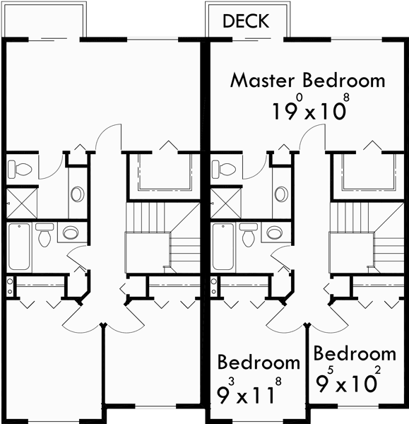 Upper Floor Plan for D-361 3 bedroom duplex house plans, 2 story duplex plans, duplex plans with garage, row house plans, D-361