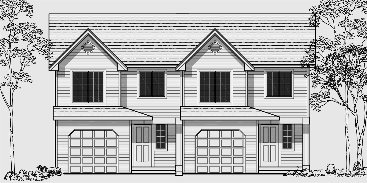 House front color elevation view for D-361 3 bedroom duplex house plans, 2 story duplex plans, duplex plans with garage, row house plans, D-361