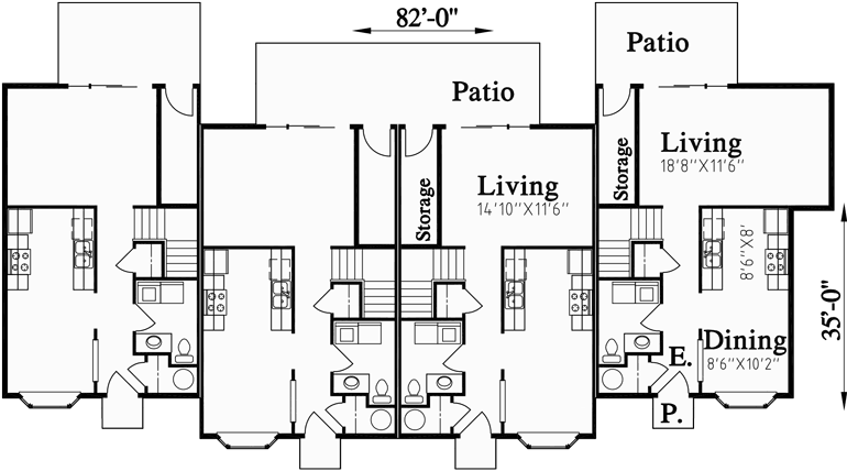 Main Floor Plan for F-535 Fourplex house plans, 2 story townhouse, 2 and 3 bedroom 4 plex plans, F-535