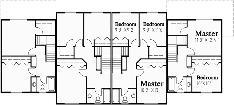 Upper Floor Plan for F-535 Fourplex house plans, 2 story townhouse, 2 and 3 bedroom 4 plex plans, F-535