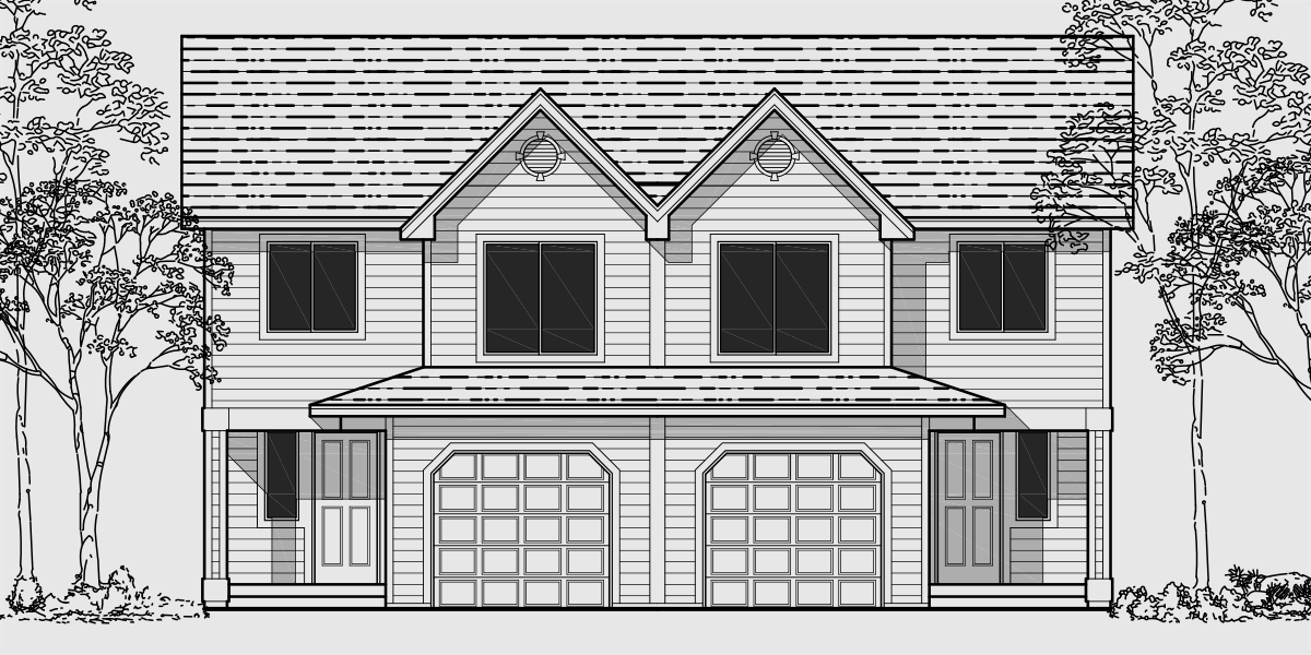 House front color elevation view for D-456 Duplex house plans, duplex house plans with basement, affordable duplex house plans, D-456