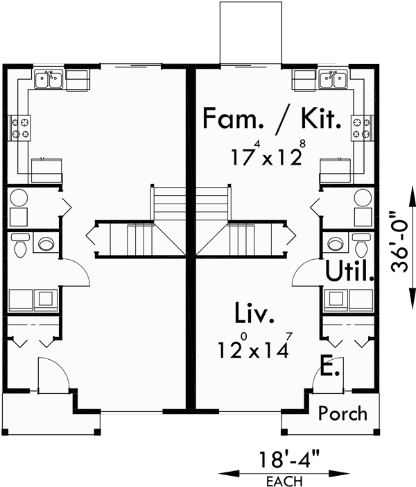 Main Floor Plan for D-358 Duplex house plans, narrow duplex house plans, 3 bedroom duplex house plans, D-358