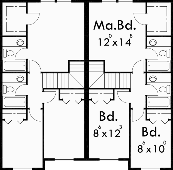 Upper Floor Plan for D-358 Duplex house plans, narrow duplex house plans, 3 bedroom duplex house plans, D-358
