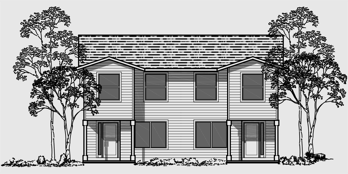 House rear elevation view for D-358 Duplex house plans, narrow duplex house plans, 3 bedroom duplex house plans, D-358