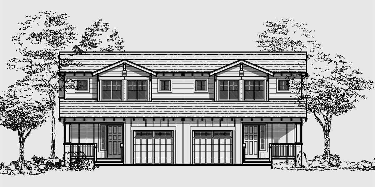 House front drawing elevation view for D-447 Craftsman duplex house plans, bungalow duplex house plans, master on the main floor plans, D-447