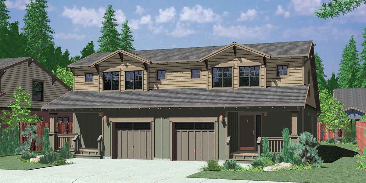 D-447 Craftsman duplex house plans, bungalow duplex house plans, master on the main floor plans, D-447