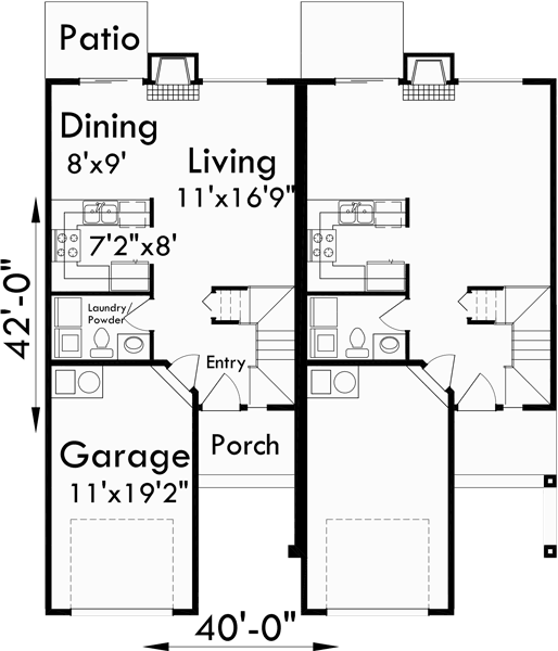 Main Floor Plan for D-318 Two story duplex house plans, 4 bedroom duplex plans, duplex plans with garage, narrow duplex plans, D-318