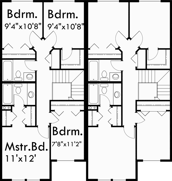 Upper Floor Plan for D-318 Two story duplex house plans, 4 bedroom duplex plans, duplex plans with garage, narrow duplex plans, D-318