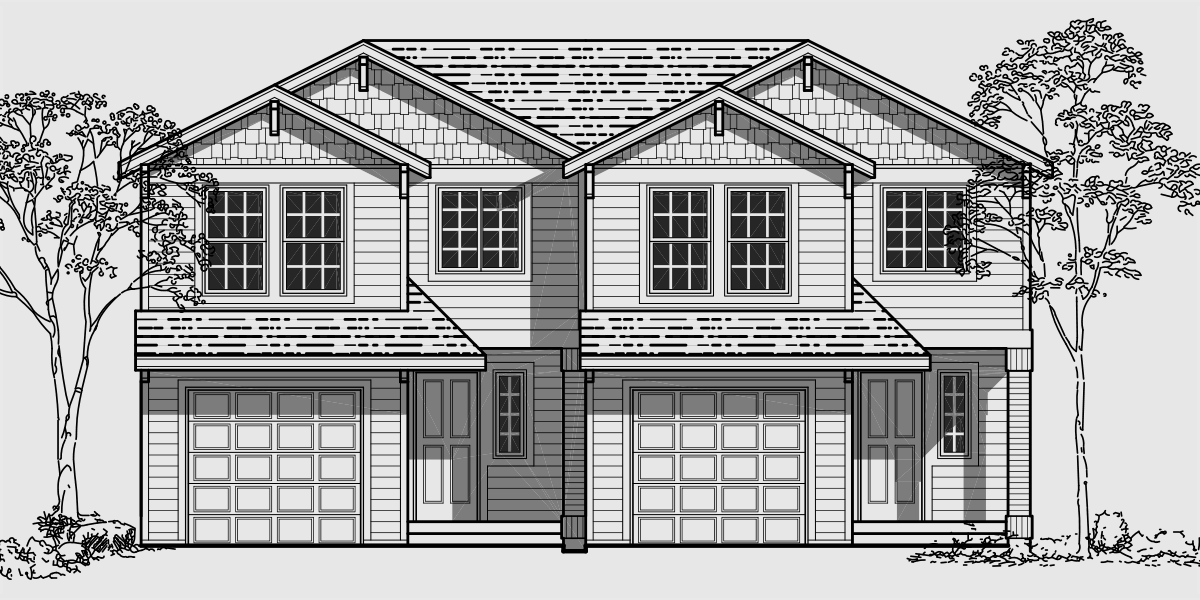 House front color elevation view for D-318 Two story duplex house plans, 4 bedroom duplex plans, duplex plans with garage, narrow duplex plans, D-318