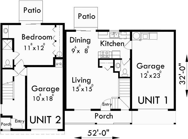 Main Floor Plan for D-414 Corner lot duplex house plans, two story duplex plans, duplex plan with owners unit, D-414