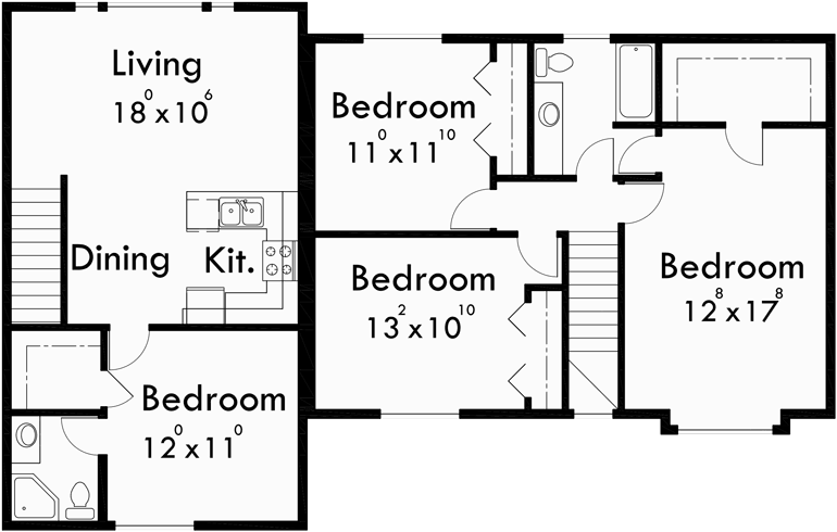 Upper Floor Plan for D-414 Corner lot duplex house plans, two story duplex plans, duplex plan with owners unit, D-414