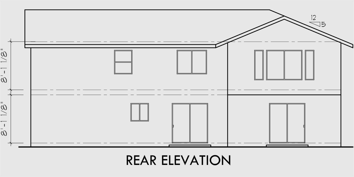 House front drawing elevation view for D-414 Corner lot duplex house plans, two story duplex plans, duplex plan with owners unit, D-414