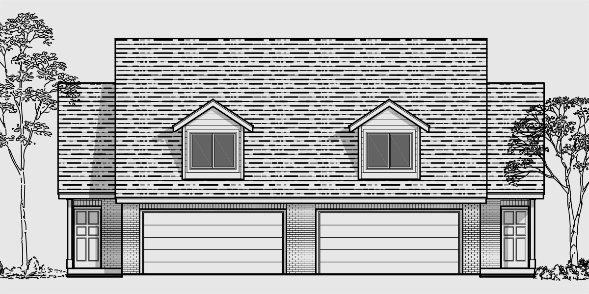 House front color elevation view for D-476 Duplex house plans, 3 bedroom duplex plans, two story duplex house plans, duplex plans with 2 car garage, D-476