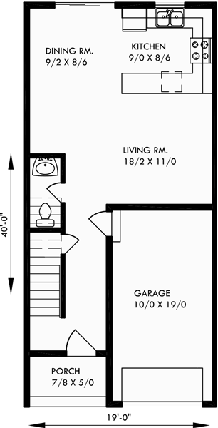 Main Floor Plan for T-391 Triplex house plans, small townhouse plans, triplex house plans with garage, T-391