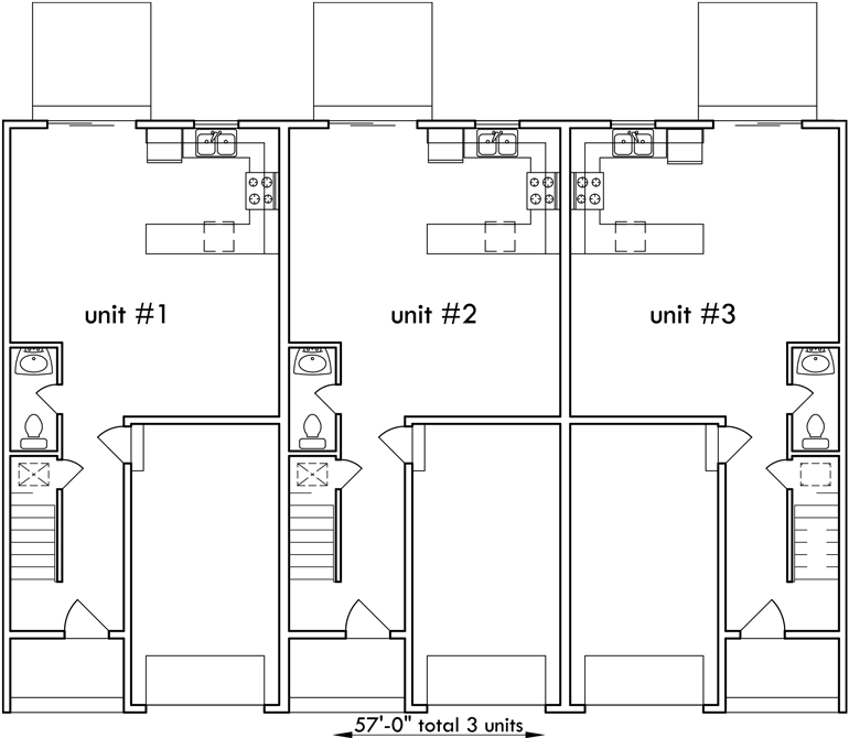 Main Floor Plan 2 for T-391 Triplex house plans, small townhouse plans, triplex house plans with garage, T-391